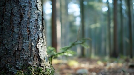 Obraz premium Close-up of textured tree bark in a serene forest setting : Generative AI