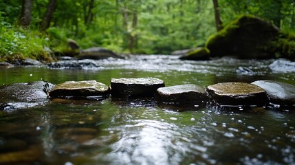 Fototapeta premium Calm River Flowing Through Lush Green Forest with Stones and Calm Water : Generative AI