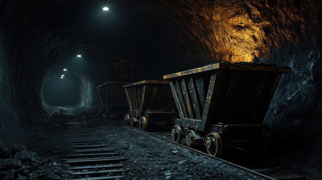 Illustration of three mining carts filled with coal inside a dark tunnel, showcasing industrial mining equipment underground. Sunpetal. Illustration