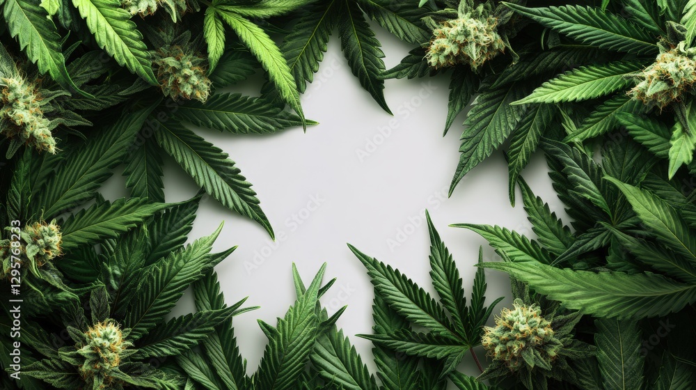 Poster cannabis leaves arranged in a circular pattern on a white background for botanical and wellness conc