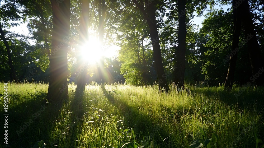 Poster beautiful sunlight streaming through trees in a lush green forest during golden hour : generative ai