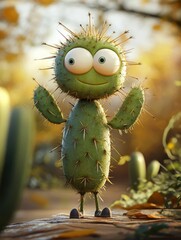 A cartoonish green cactus with a big smile on its face
