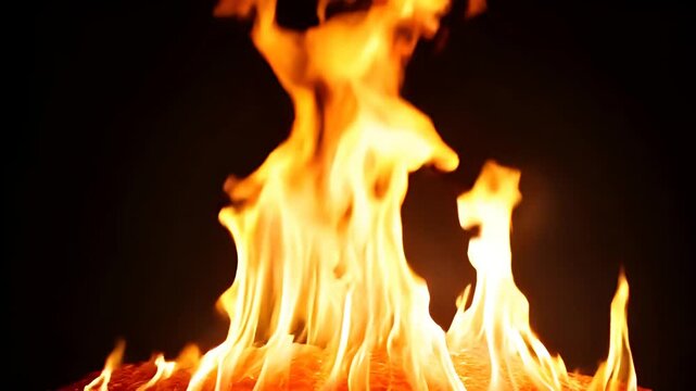 Fire Burning with Intense Heat Against Dark Background Slow Motion
