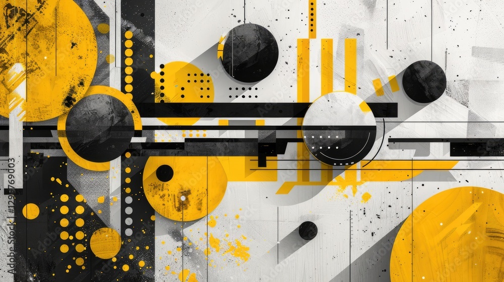 Poster geometric abstract composition with yellow, black, and white shapes. background image of 3d renderin