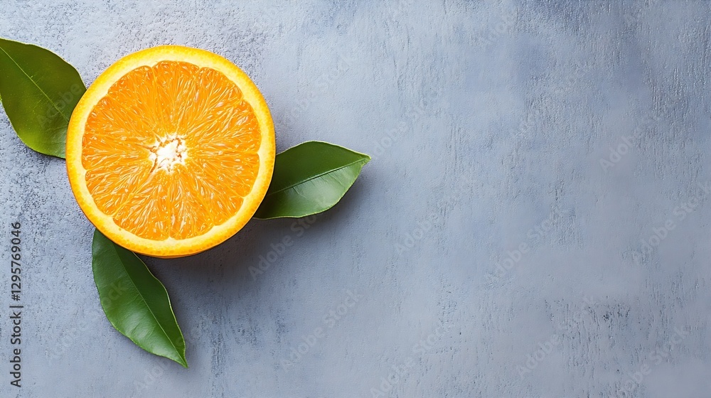 Poster Fresh orange sliced in half with greenery on rustic table background : Generative AI