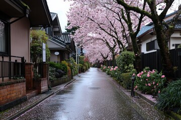 Cherry blossom avenue in full bloom, soft pink petals falling gently over a quiet garden pathway