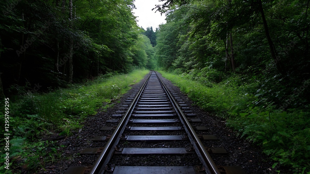 Poster picturesque railway track winding through lush green forest with dense trees and serene nature : gen
