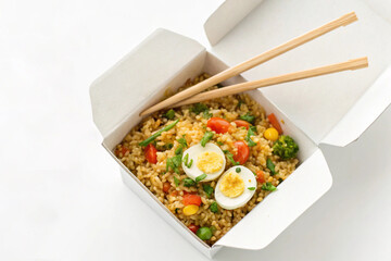 fried rice in takeout container with chopsticks on white