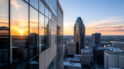 Panoramic View of City Skyline at Sunset with High Rise Buildings and Clouds : Generative AI