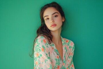 Fototapeta premium Portrait of pretty young woman in pajamas on green background