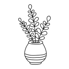 Hand drawn doodle clay pot with leaves isolated on white background. Vector illustration