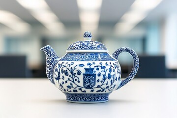 A decorative blue and white teapot on a table in an office setting.