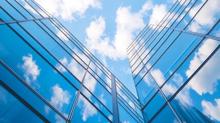 Modern Glass Building Reflections against a Bright Blue Sky with Fluffy Clouds : Generative AI