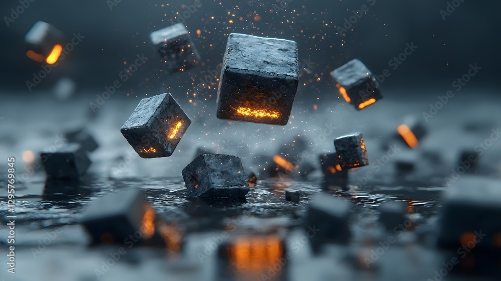 Aufkleber a surreal image depicting floating glowing charcoal pieces hovering above a reflective dark surface 