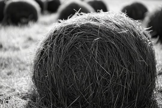 Hay bale field, rural harvest, monochrome