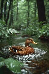 A duck swimming in a pond in the woods