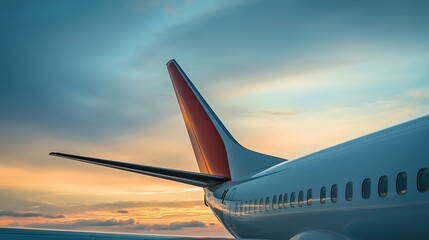 A close-up of an airplane's tail fin with the sky in the background