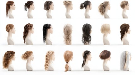 A visually striking collection of diverse women s hairstyles displayed on mannequin heads  showcasing a range of styles including curls  braids  and sleek cuts
