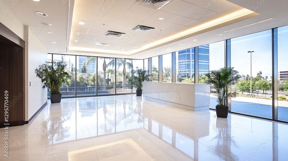 Poster spacious modern office lobby with large windows and tropical plants : generative ai