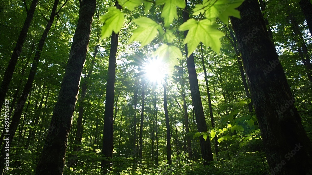 Poster ray of sunlight shining through lush green forest with vibrant leaves and tall trees : generative ai