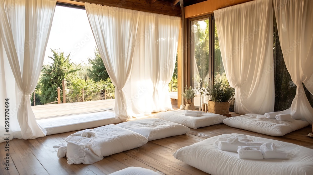 Poster calm wellness space with white cushions and soft light for relaxation : generative ai