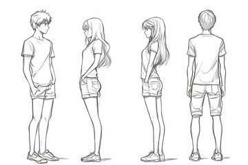 casual male and female full-body standing drawings in anime style
