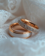 Detailed close-up of a wedding ring and lace ribbon isolated on white.