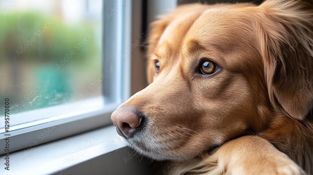 Poster golden dog sitting by window gazing outside with cute expression and thoughtful look : generative ai