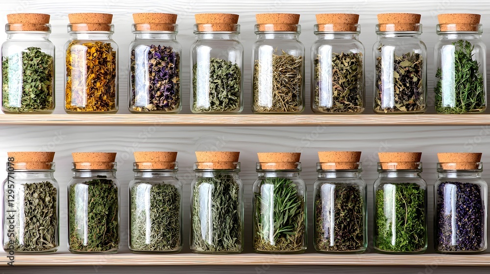 Poster an array of various dried herbs spices and botanicals displayed in a collection of transparent glass