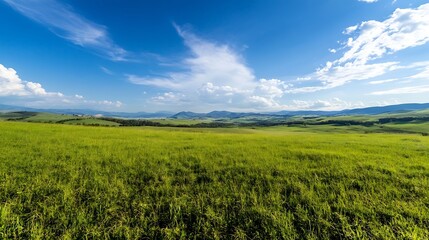 Fototapeta premium Expansive Green Hills with Dramatic Blue Sky and Bright Clouds in a Beautiful Landscape : Generative AI