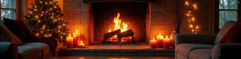 Cozy fireplace with crackling fire and candles, holiday season, cozy fire