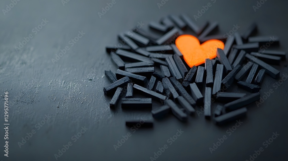 Poster arrangement of dark charcoal pieces forming a softly glowing heart shape in a moody minimalist studio setting  Conceptual and emotive design with a symbolic romantic feel