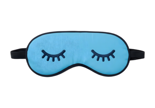 Blue sleep mask with black trim and embroidered eyelashes for cozy relaxation.