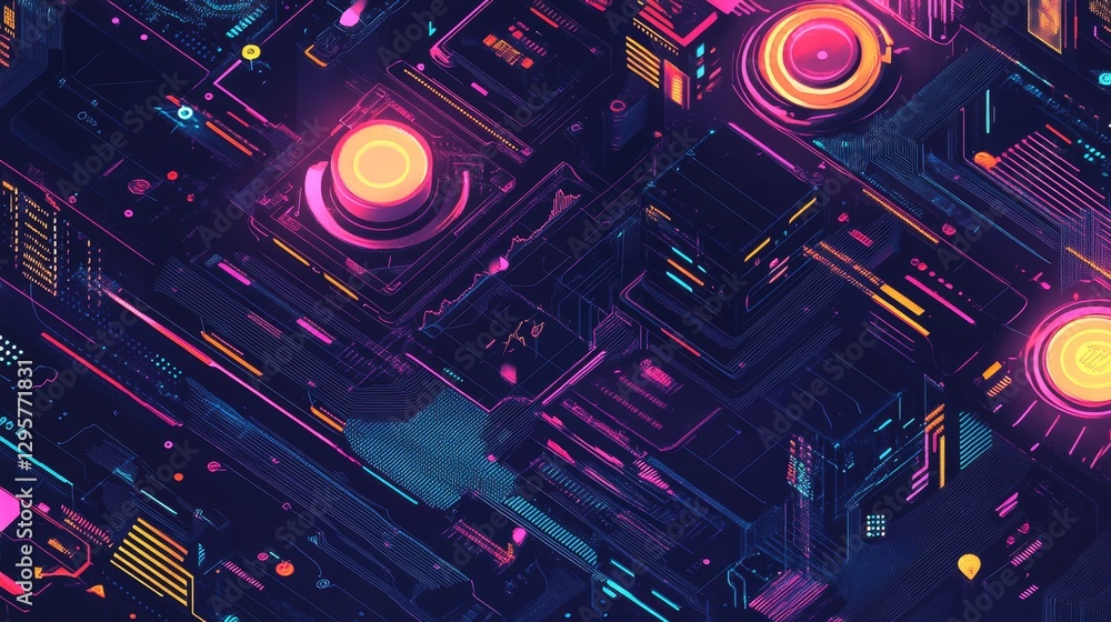 Poster vibrant futuristic graphic interface with neon elements and patterns