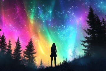 Fototapeta premium Silhouette of woman with long hair, northern lights in background.