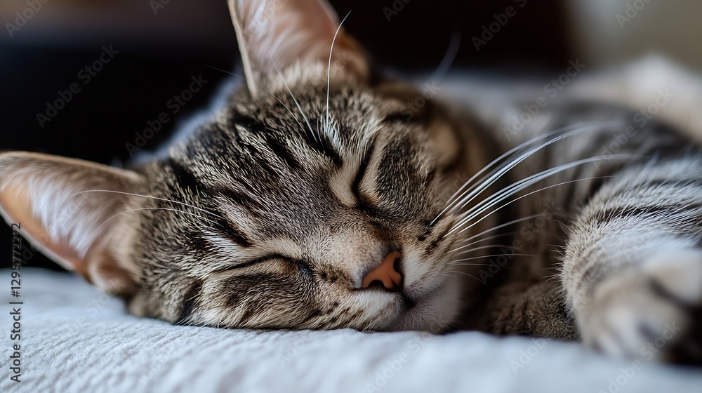 Poster sleepy tabby cat nestled comfortably on soft bedding : generative ai