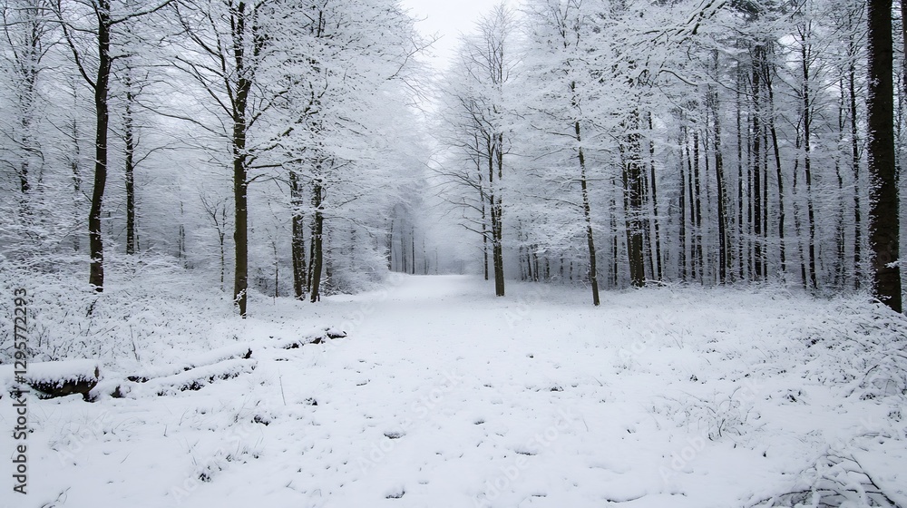 Poster serene winter landscape captured in a snowy forest with covered trees and soft white ground : genera