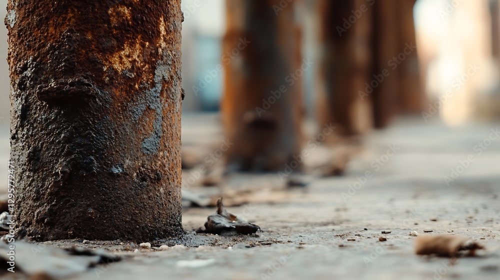 Poster Close up of rusty old pillars leading to an abandoned structure captured in urban decay style : Generative AI
