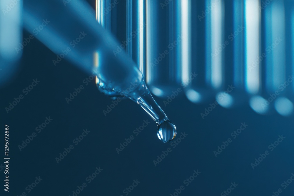 Poster a close-up of a pipette with a droplet falling into one of several transparent test tubes arranged i
