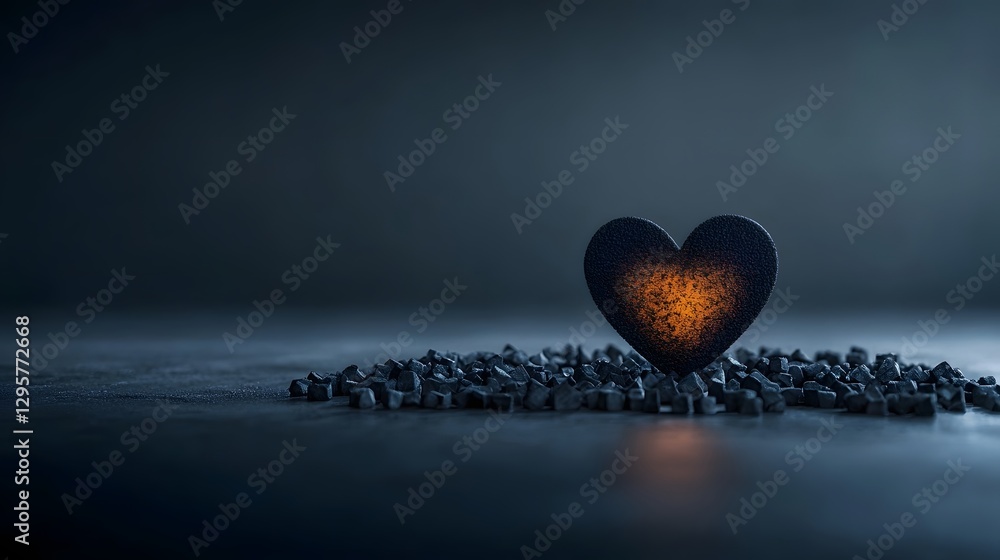 Poster captivating abstract arrangement of charcoal pieces forming a heart shape softly glowing in the enig