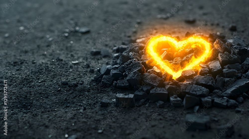 Poster captivating abstract arrangement of charcoal pieces forming a heart shape glowing softly and emanati