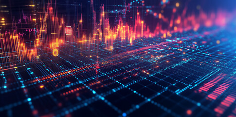 Abstract Digital Data Flow Network Technology Cyberspace Futuristic Grid Orange Blue Neon Lights