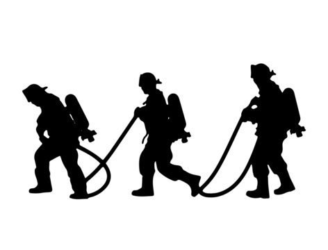 Silhouette of 3 firefighters with fire extinguisher and hose