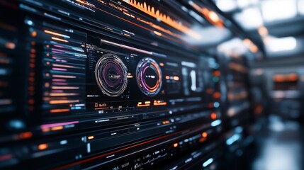 Exploring the intricate design of futuristic data visualization in a high-tech control room environment. Generative AI