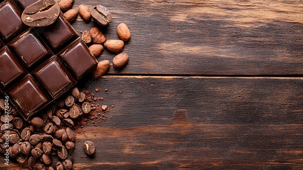 Aufkleber decadent dark chocolate pieces and nuts on a rustic wooden surface creating an inviting culinary sce