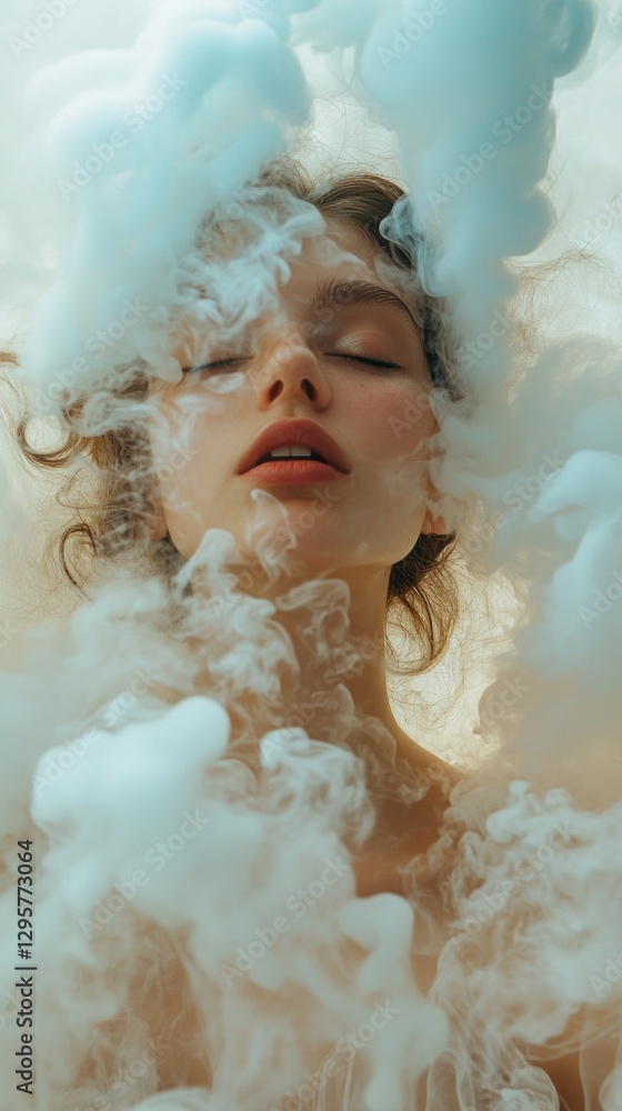 Poster mist swirls gently around a serene figure with closed eyes, her face illuminated by soft light, crea
