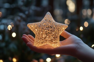 Hand holding a star shaped glowing ball with lights and a bokeh background.