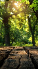 a wooden table with a view of a forest
