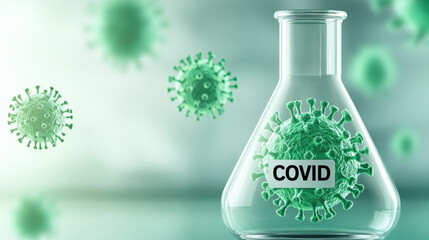 A laboratory flask labeled "COVID" contains green virus particles, symbolizing research and the ongoing battle against the COVID-19 pandemic.