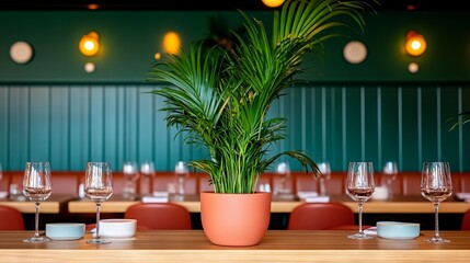 Modern Restaurant Interior with Palm Plant, Empty Tables, and Teal Accents